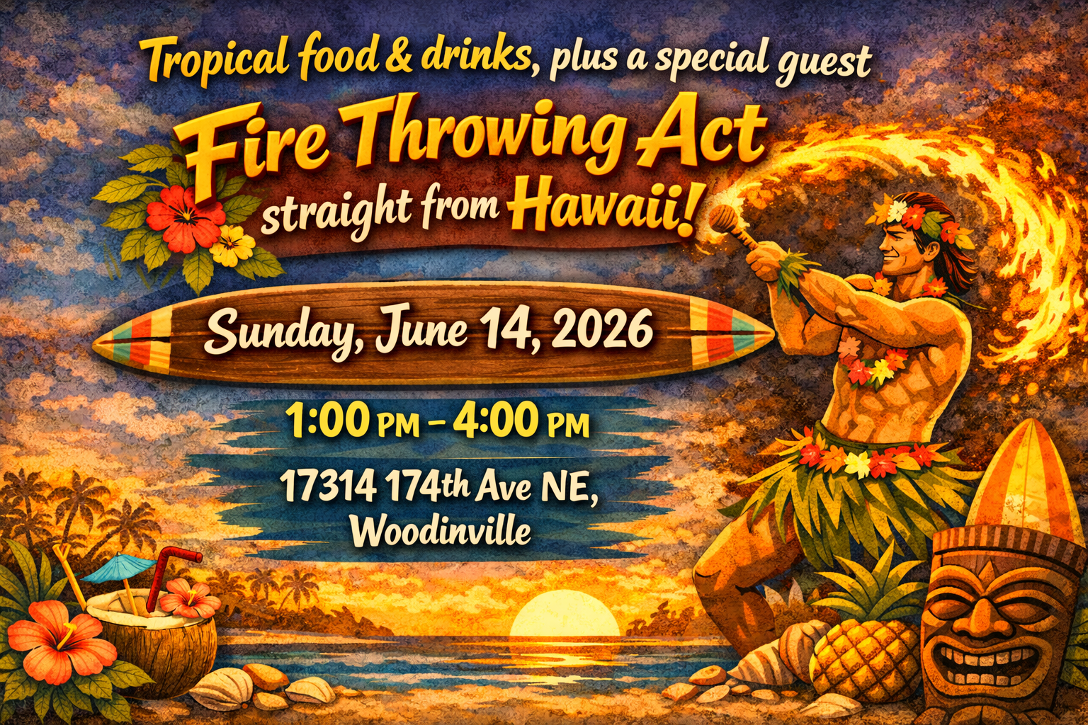 Tropical luau — Sunday June 14, 2026, 1-4 PM, 17314 174th Ave NE Woodinville